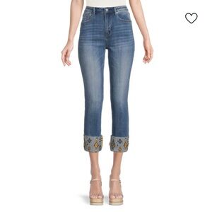 DRIFTWOOD Colette Skinny Cropped Jeans Aztec embroidered cuff sz 28